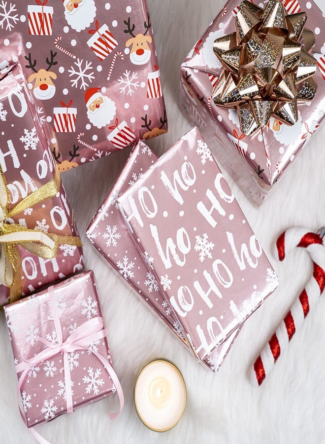 LeZakaa Christmas Wrapping Paper Mini Roll, Pink Metallic Foil Shine Paper - Snowflakes/Santa Claus/HO Print for Gift Wrap, Arts Crafts - 17 x 120 inches - 3 Rolls (42.5 sq.ft.ttl. - Image 5