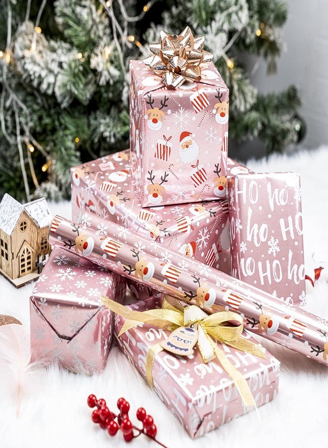LeZakaa Christmas Wrapping Paper Mini Roll, Pink Metallic Foil Shine Paper - Snowflakes/Santa Claus/HO Print for Gift Wrap, Arts Crafts - 17 x 120 inches - 3 Rolls (42.5 sq.ft.ttl. - Image 3