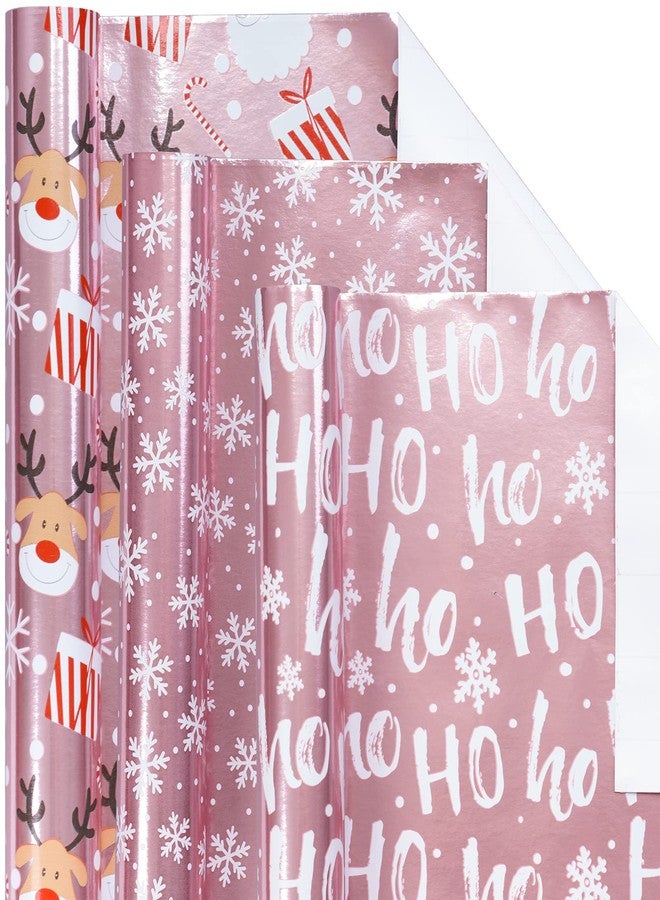 LeZakaa Christmas Wrapping Paper Mini Roll, Pink Metallic Foil Shine Paper - Snowflakes/Santa Claus/HO Print for Gift Wrap, Arts Crafts - 17 x 120 inches - 3 Rolls (42.5 sq.ft.ttl. - Image 1