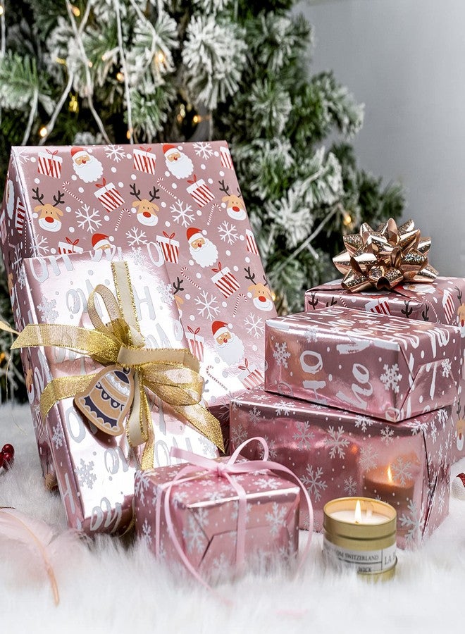 LeZakaa Christmas Wrapping Paper Mini Roll, Pink Metallic Foil Shine Paper - Snowflakes/Santa Claus/HO Print for Gift Wrap, Arts Crafts - 17 x 120 inches - 3 Rolls (42.5 sq.ft.ttl. - Image 4