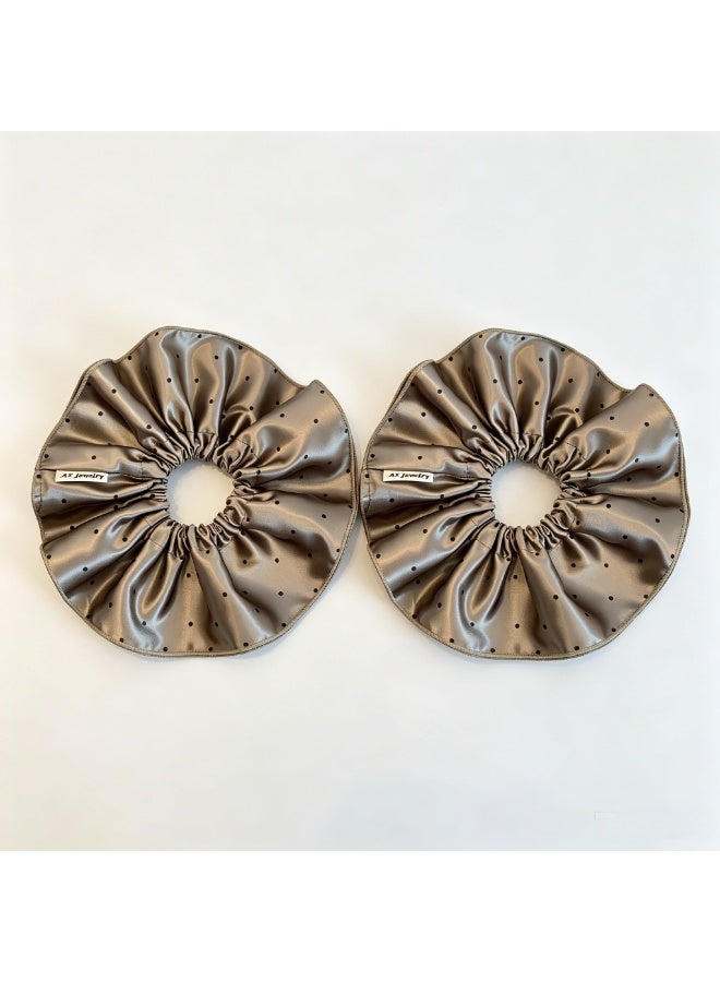 Double-Layer Satin Scrunchies, Coffee Polka Dot Hair Ties (2 Pack) - Image 1