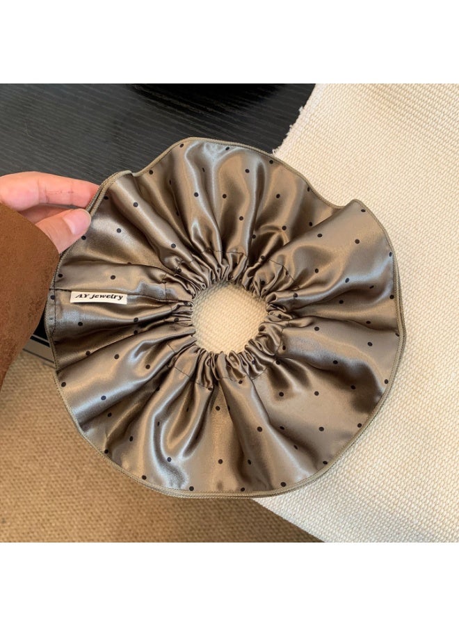 Double-Layer Satin Scrunchies, Coffee Polka Dot Hair Ties (2 Pack) - Image 2