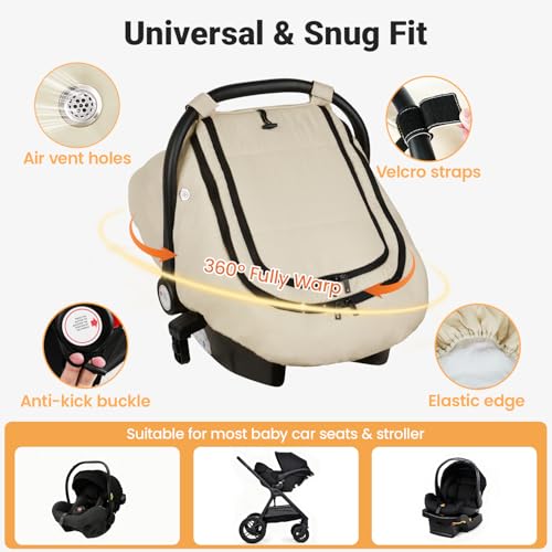 Rquite Car Seat Cover Baby, Winter Carseat Covers Boy Girl, Waterproof Infant Car Seat Cover Warm Car Seat Canopy for Cold Weather, Windproof Baby Carrier/Stroller Cover with 2 Layers Windows, Beige - Image 2
