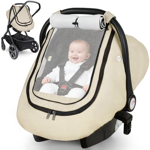Rquite Car Seat Cover Baby, Winter Carseat Covers Boy Girl, Waterproof Infant Car Seat Cover Warm Car Seat Canopy for Cold Weather, Windproof Baby Carrier/Stroller Cover with 2 Layers Windows, Beige - Image 1