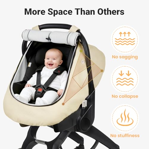 Rquite Car Seat Cover Baby, Winter Carseat Covers Boy Girl, Waterproof Infant Car Seat Cover Warm Car Seat Canopy for Cold Weather, Windproof Baby Carrier/Stroller Cover with 2 Layers Windows, Beige - Image 3