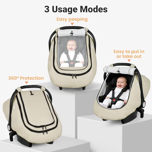 Rquite Car Seat Cover Baby, Winter Carseat Covers Boy Girl, Waterproof Infant Car Seat Cover Warm Car Seat Canopy for Cold Weather, Windproof Baby Carrier/Stroller Cover with 2 Layers Windows, Beige - Image 4