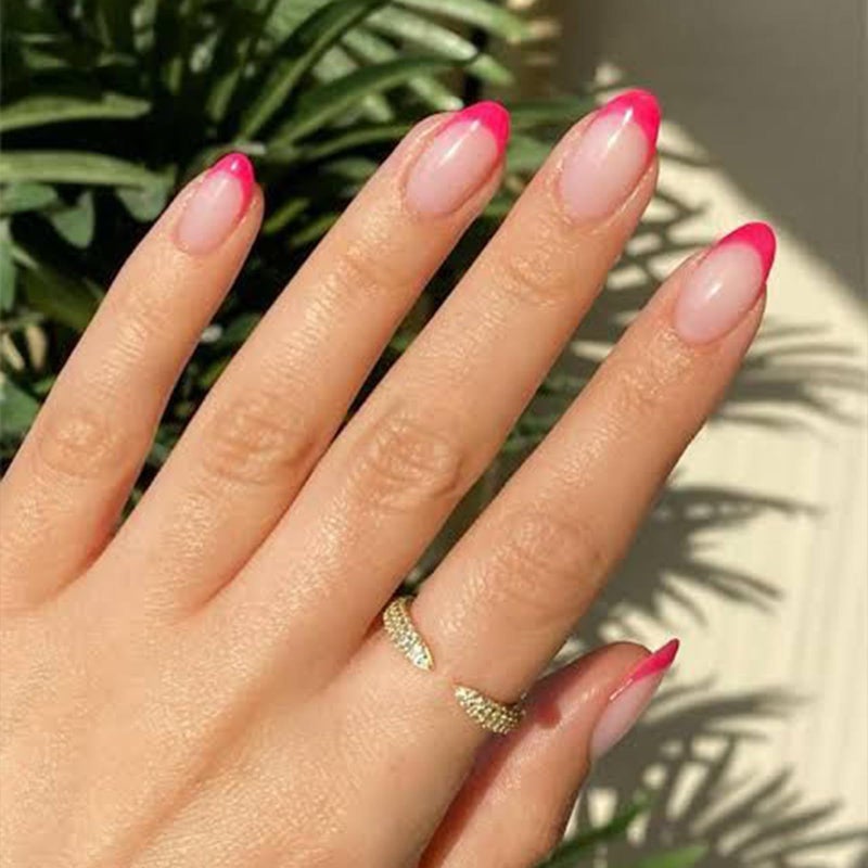 Modelones French Tip Press on Nails Short, Oval Fake Nails, Reusable Nail Kit with Nail Glue Adhesive Tabs Mini Nail File, Nails Press Ons 32Pcs 16Sizes, Women Girl Gift, Hot Pink, Spring - Image 1
