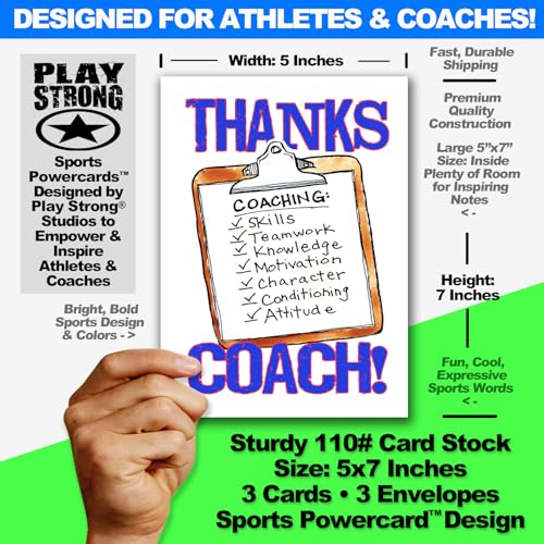 Play Strong 3-Pack ‘THANKS COACH’ Greeting Cards (5x7) – Clipboard Design – Coach Appreciation Cards with Envelopes – Perfect for Banquets, End of Season Gifts, or Team Parties - Image 2