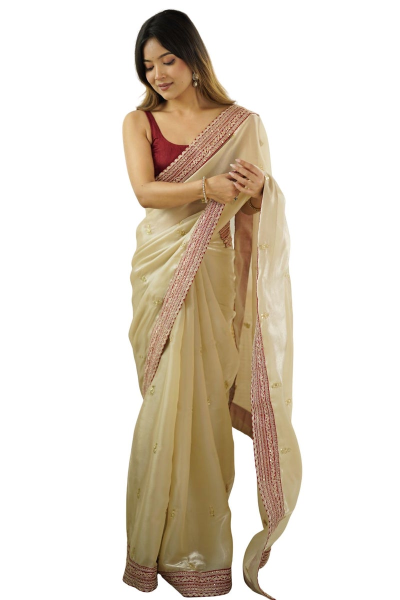 SGF11 Women's Soft Silk and Sequence Embroidery Work Saree With Unstiched Blouse Piece (Cream) - Image 1
