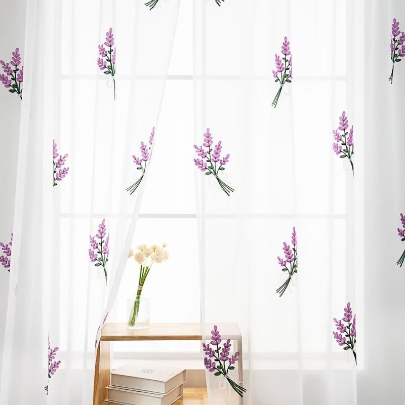 Karseteli Floral Sheer Curtains Embroidered Lavender Patterned Semi-Sheer Curtain 63 Inches Long 2 Panels Rod Pocket Spring Voile Drapes for Living Room, Bedroom(W52 x L63 Inch, White&Purple) - Image 1