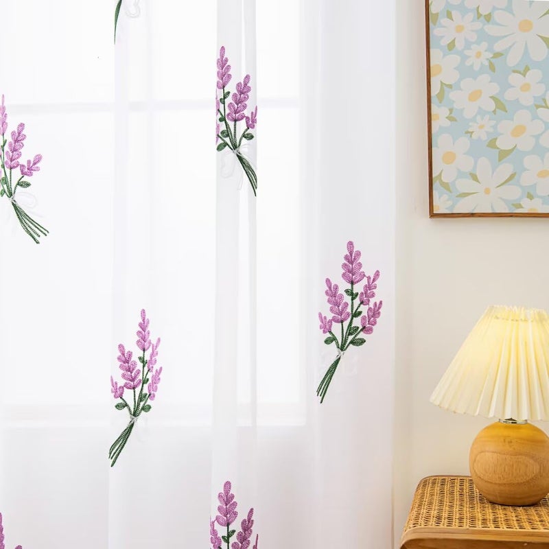 Karseteli Floral Sheer Curtains Embroidered Lavender Patterned Semi-Sheer Curtain 63 Inches Long 2 Panels Rod Pocket Spring Voile Drapes for Living Room, Bedroom(W52 x L63 Inch, White&Purple) - Image 5