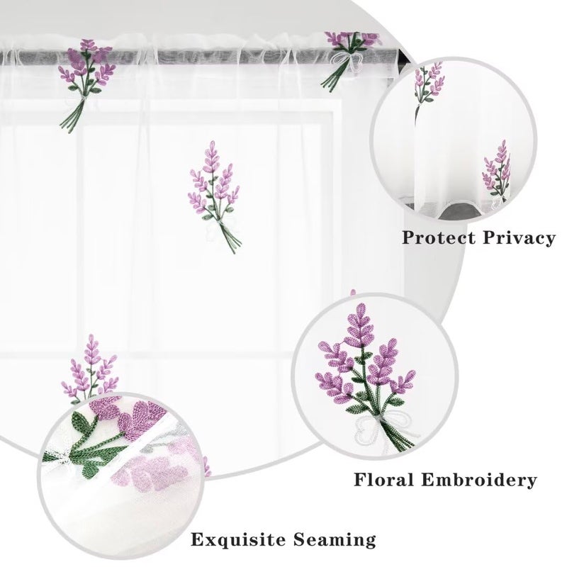 Karseteli Floral Sheer Curtains Embroidered Lavender Patterned Semi-Sheer Curtain 63 Inches Long 2 Panels Rod Pocket Spring Voile Drapes for Living Room, Bedroom(W52 x L63 Inch, White&Purple) - Image 3