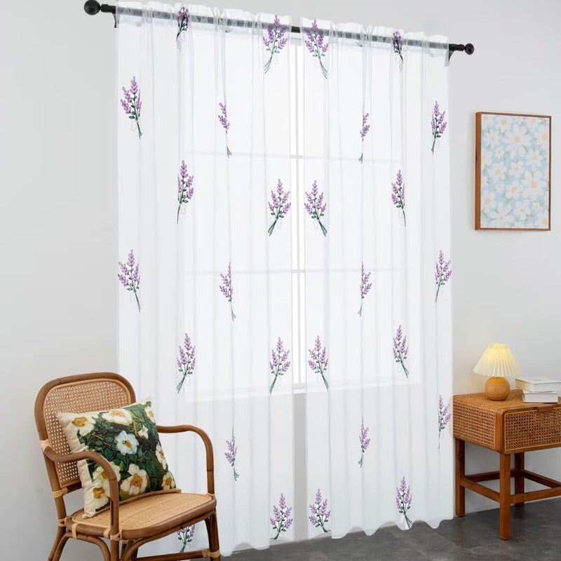 Karseteli Floral Sheer Curtains Embroidered Lavender Patterned Semi-Sheer Curtain 63 Inches Long 2 Panels Rod Pocket Spring Voile Drapes for Living Room, Bedroom(W52 x L63 Inch, White&Purple) - Image 2