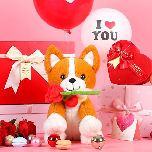 IKASA Corgi Dog Stuffed Animal Plush Toy with Rose Flower for ValentineCute Puppy 11 Soft PlushieGifts for Girlfriend - Image 5