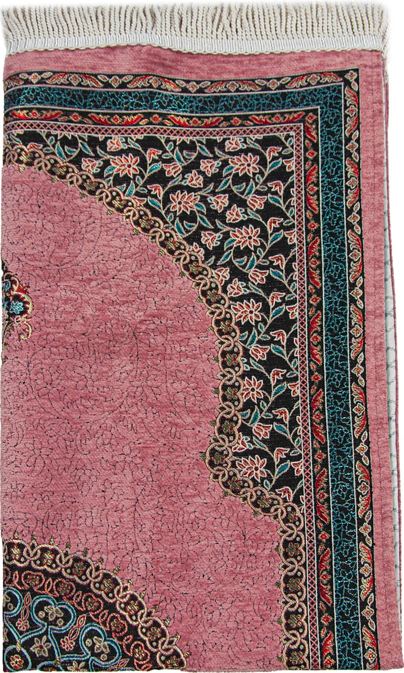 İhvan Online Pink Traditional Motif Knitted Fringed Mihrab Lined Chenille Prayer Rug