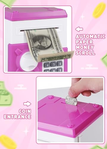PLAYSHEEK Piggy Bank for Girls Boys Large Electronic Money Coin Banks with Password Protection Automatic Paper Money Scroll Saving Box Great Gift for Kids PinkWhite - Image 5