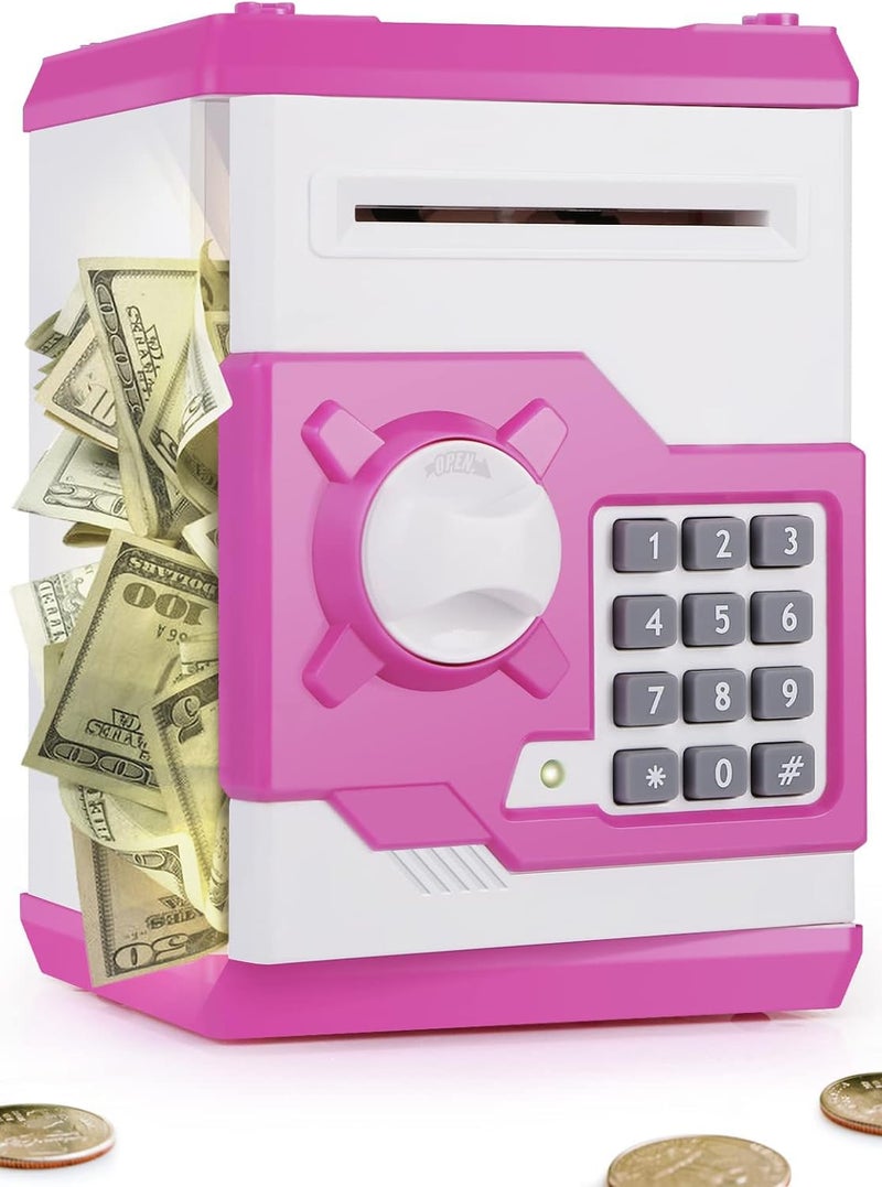 PLAYSHEEK Piggy Bank for Girls Boys Large Electronic Money Coin Banks with Password Protection Automatic Paper Money Scroll Saving Box Great Gift for Kids PinkWhite - Image 3