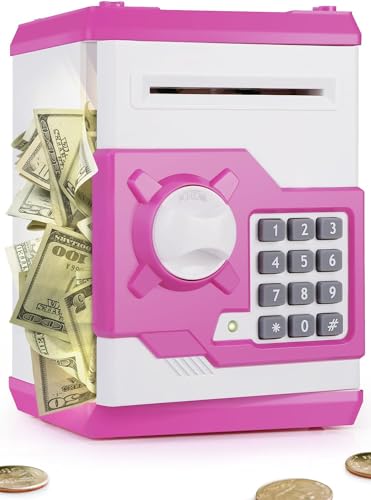 PLAYSHEEK Piggy Bank for Girls Boys Large Electronic Money Coin Banks with Password Protection Automatic Paper Money Scroll Saving Box Great Gift for Kids PinkWhite - Image 1