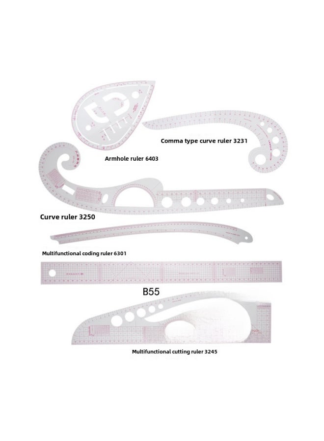 ثام مسطرة الملابس، مسطرة القص، مسطرة كم القفص، مسطرة المنحنيات، مسطرة قوس الأزرار، مجموعة مساطر - Image 1