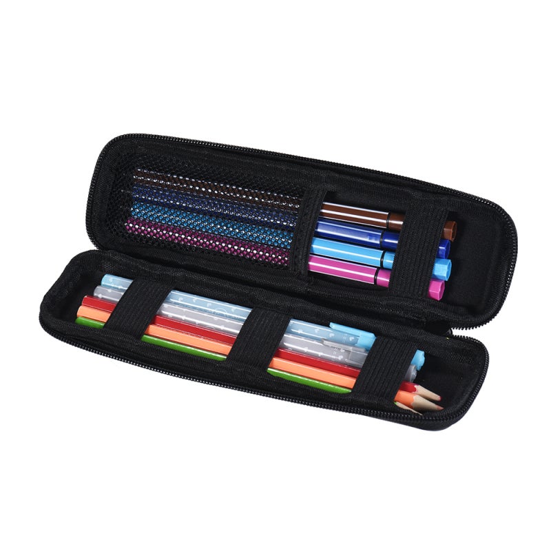 Hard Shell Case: Compact Black With Dot Pattern, Zippered Design, Secure Mesh Pocket & Elastic Strap - Portable Storage Organizer for Fountain Pens, Makeup Brushes, Earphones, USB Cables - Image 5