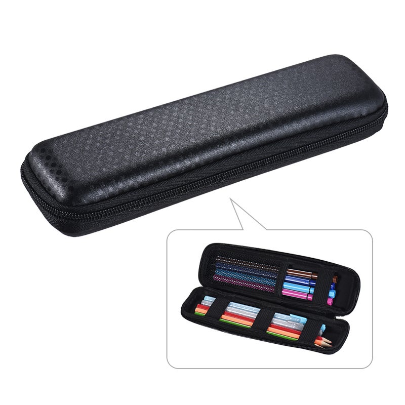 Hard Shell Case: Compact Black With Dot Pattern, Zippered Design, Secure Mesh Pocket & Elastic Strap - Portable Storage Organizer for Fountain Pens, Makeup Brushes, Earphones, USB Cables - Image 2