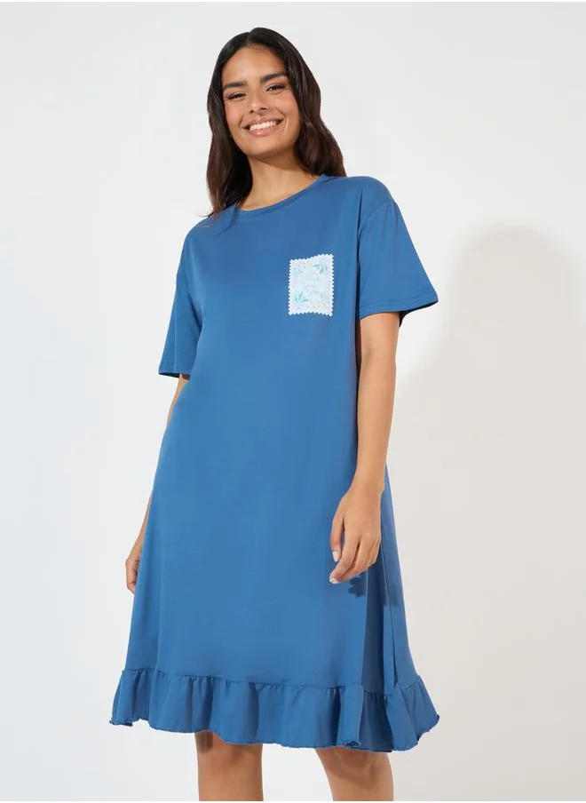 Styli Postcard Pocket Detail Ruffle Hem Sleep T-Shirt Dress