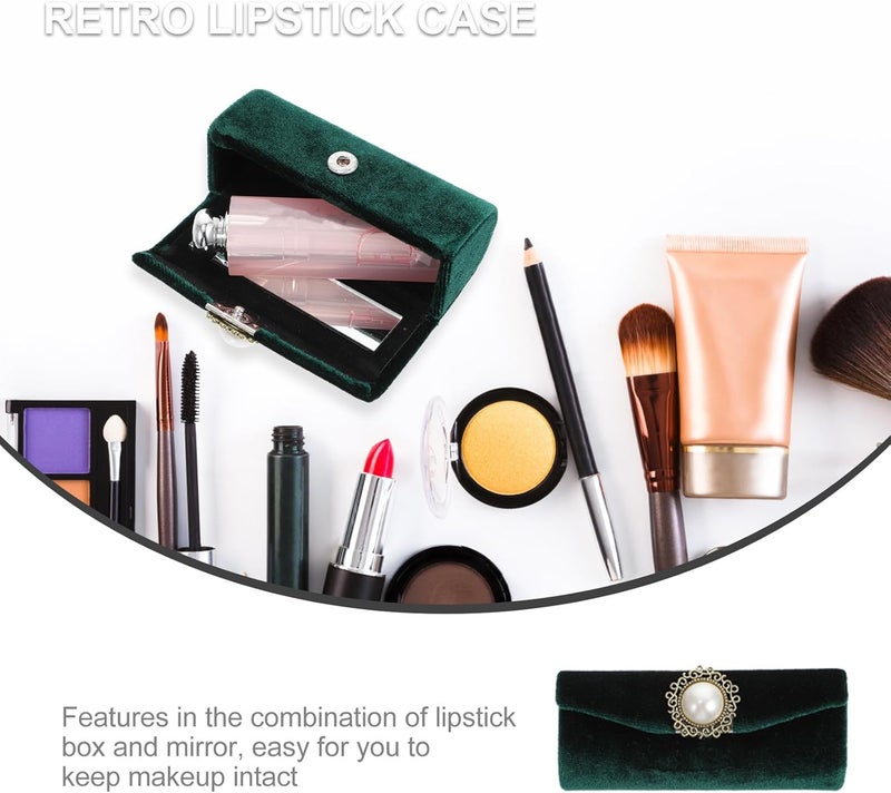 Velour Women Lipstick Case with Mirror Retro Style Portable Lip Balm Holder Velvet Makeup Storage Box for Travel and Daily Use - Image 3