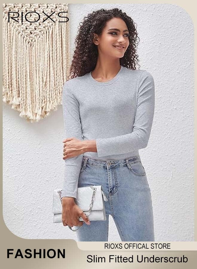 قمصان نسائية أساسية بأكمام طويلة بأكمام طويلة، قميص نسائي بأكمام طويلة أساسي، قميص داخلي مريح لطيف على البشرة ونحيف ومناسب، بلوزة ناعمة ومطاطية برقبة مستديرة، قميص داخلي كلاسيكي بسيط بتصميم مناسب، قطعة أساسية متعددة الاستخدامات يمكن أن تتكيف مع أي موقف