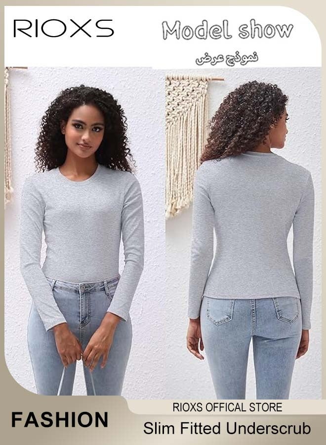 قمصان نسائية أساسية بأكمام طويلة بأكمام طويلة، قميص نسائي بأكمام طويلة أساسي، قميص داخلي مريح لطيف على البشرة ونحيف ومناسب، بلوزة ناعمة ومطاطية برقبة مستديرة، قميص داخلي كلاسيكي بسيط بتصميم مناسب، قطعة أساسية متعددة الاستخدامات يمكن أن تتكيف مع أي موقف