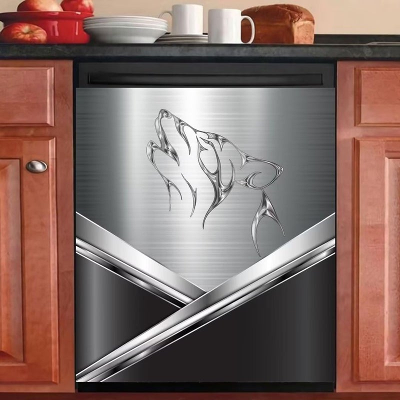 MLGB Metal Wolf Magnet Dishwasher Cover Vinyl Decal Stainless Steel Covers for Appliances Refrigerator Animal Magnetic Dishwasher Sticker 23 x 26 Magnetic