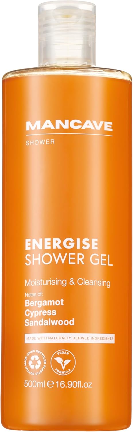 ManCave Energise Shower Gel for Men Invigorating Notes of Bergamot Grounding Musk and Warm Sandalwood Sulphate and Paraben Free Natural Vegan Cruelty Free 500ml