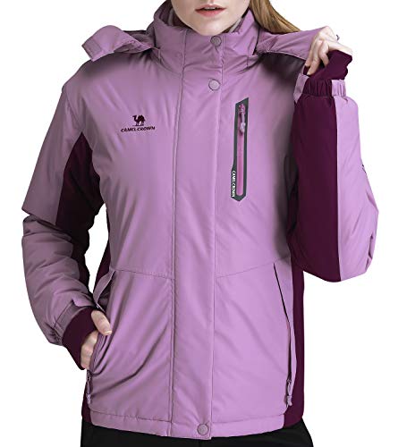 CAMEL CROWN Women’s Mountain Snow Waterproof Ski Jacket Detachable Hood Windproof Fleece Parka Rain Jacket Winter Coat Coat Purple L - Image 1