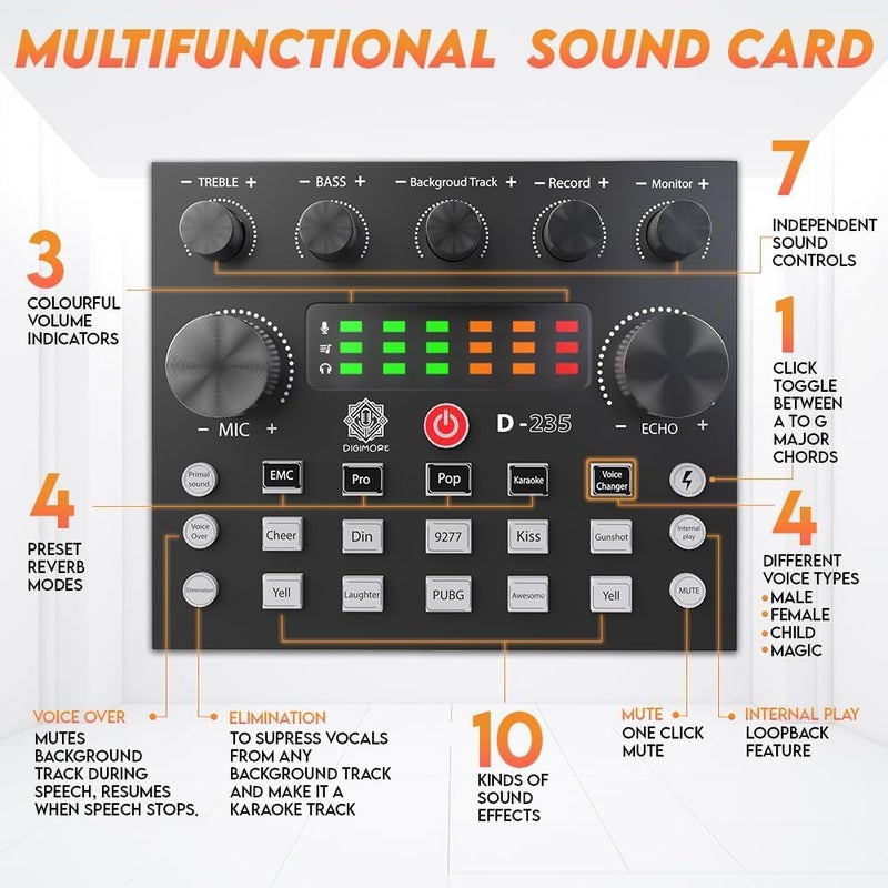 DIGIMORE ميكروفون مكثف للغناء مع بطاقة صوت V8 | مجموعة ميكروفون مكثف | محول صوت | مجموعة كاملة من معدات التسجيل في الاستوديو، ميكروفون مسجل صوت، كاريوكي، ألعاب، بودكاست ومحاضرات (D-430) - Image 4
