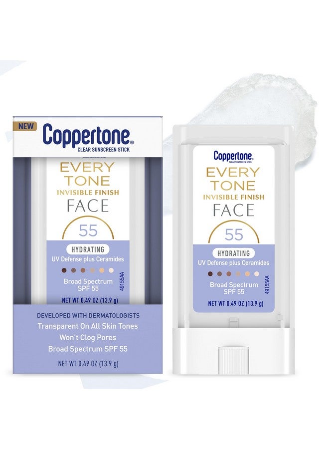 واقي شمسي للوجه من Coppertone Every Tone Invisible Finish Hydrating UV Defense بعامل حماية من أشعة الشمس SPF 55 مع سيراميدات مرطبة، يمتزج مع واقي شمسي شفاف لجميع ألوان البشرة، 0.49 أونصة - Image 1