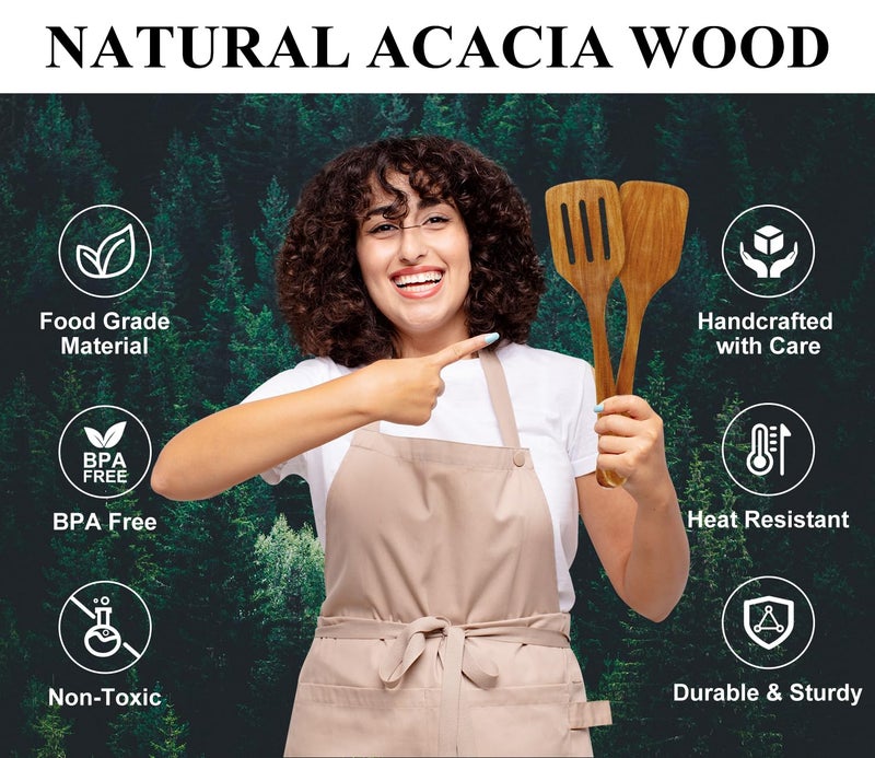 Renawe 2 PCS Acacia Wood Spatula for Cooking Utensil Set Baking Spatulas for Kitchen Use Accessories Flat Slotted Turner Non Toxic Olive Wooden Utensils Non Stick Bamboo Serving Spatula Long Wok Spatulas - Image 4