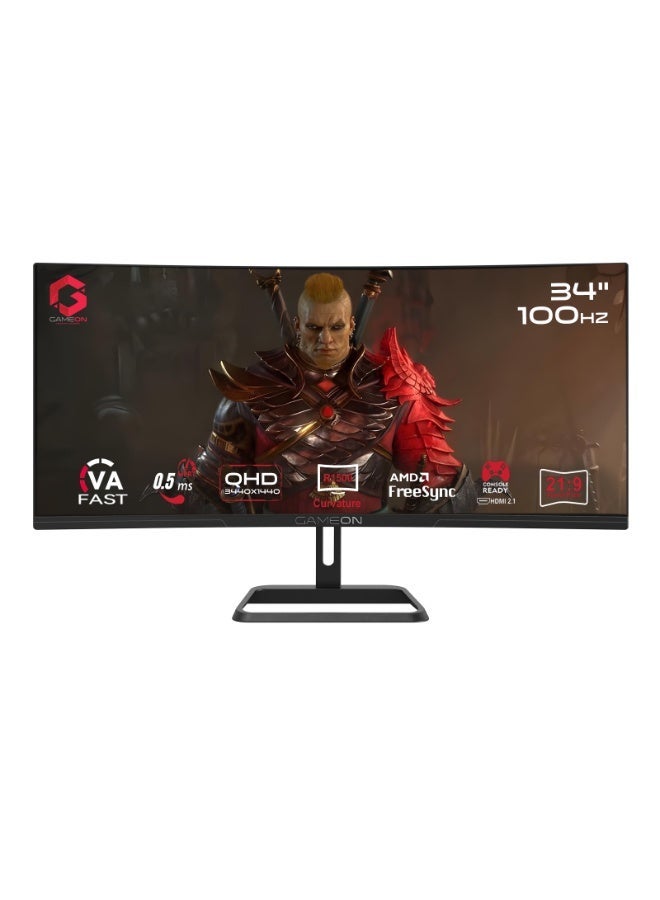 GAMEON 34 Inch Curved WQHD Gaming Monitor 3440x1440 100Hz 0.5ms MPRT VA Panel HDR10 FreeSync Adaptive Sync HDMI 2.1 DisplayPort UltraWide 21:9 Built-in Speakers PC & Console Ready black