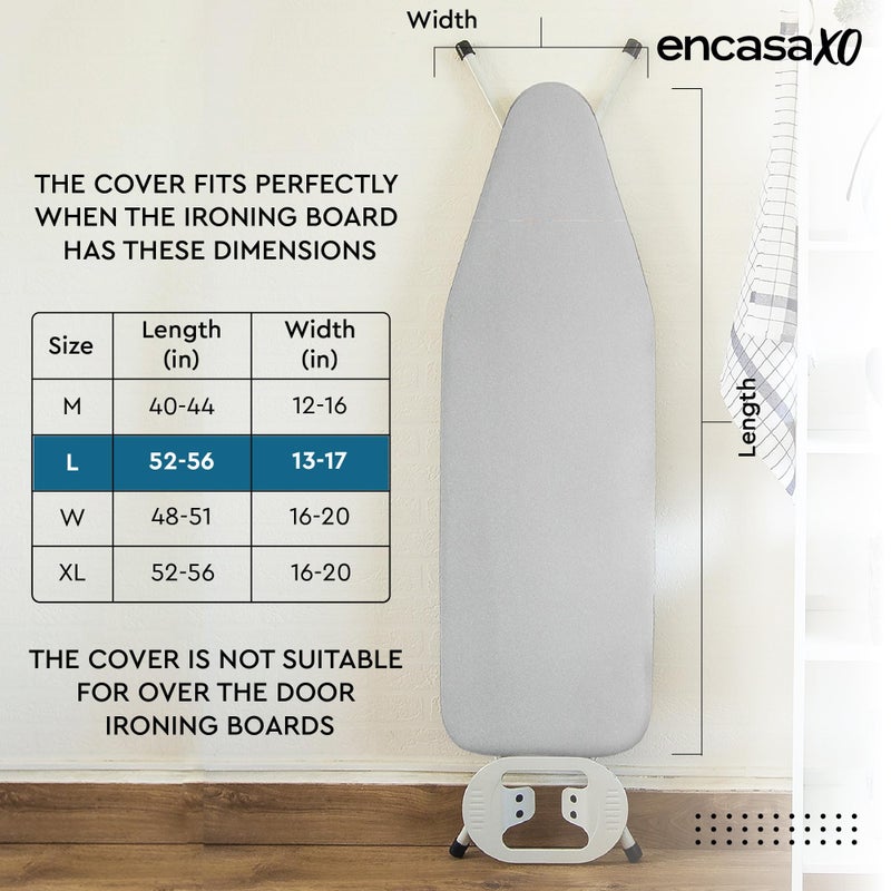 Encasa XO Ironing Board Cover and Pad 54"x15" - 4mm Felt & 2mm Foam Metallized Silver Iron Board Cover with Padding - Heat & Scorch Resistant, Non Slip, Bungee Elasticated, 3 Fasteners Silver Luxury - Image 2