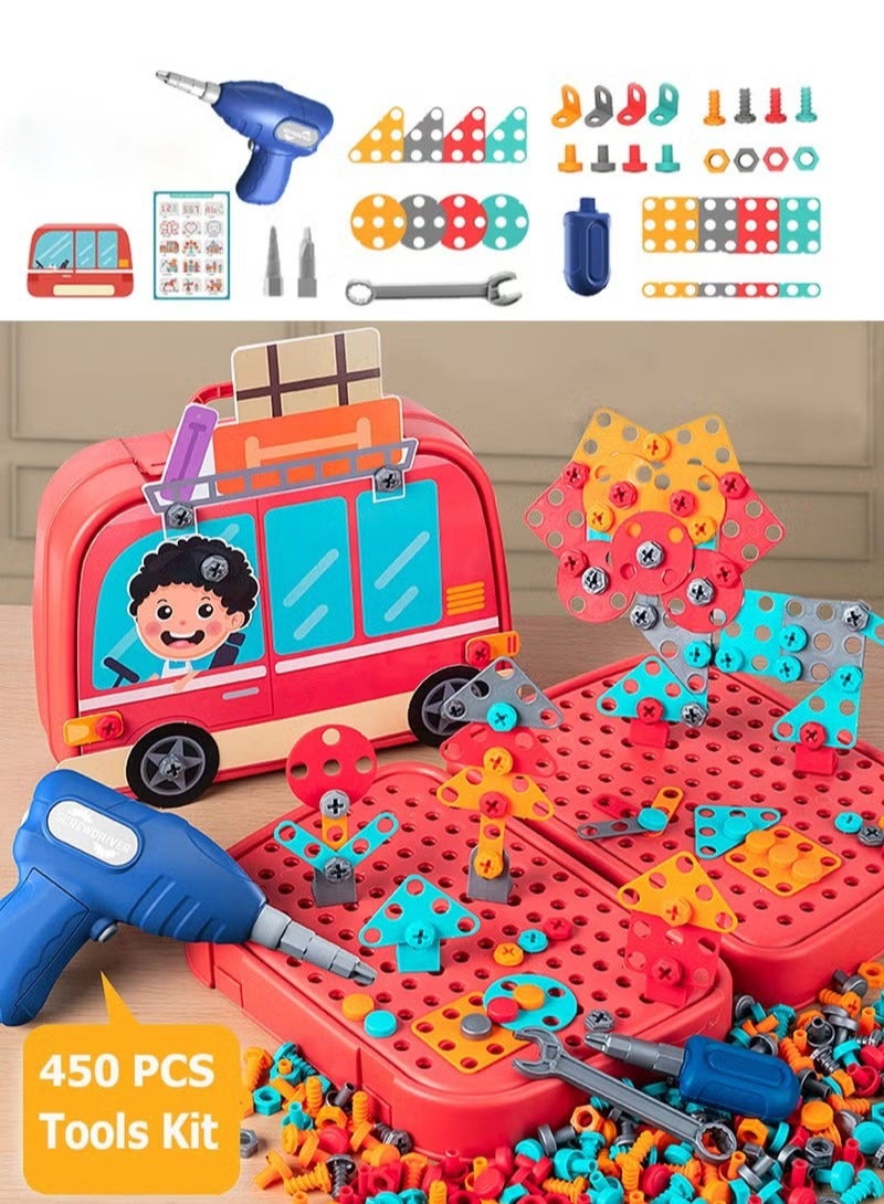 Electric Drill Building Set for Kids - 450 Pcs Construction Toolbox with Montessori Puzzles, Learning Educational Gift - Image 1