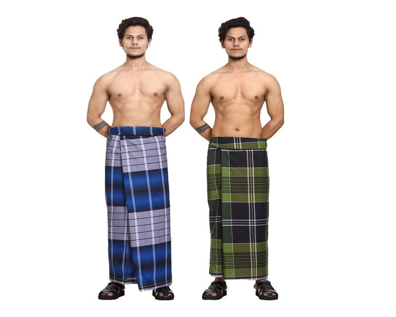 Gowri Tex Cotton Stitched Lungi Pack of 2 (Ready to Wear) 2.25Meter (Dark Blue-New Green) - Image 1