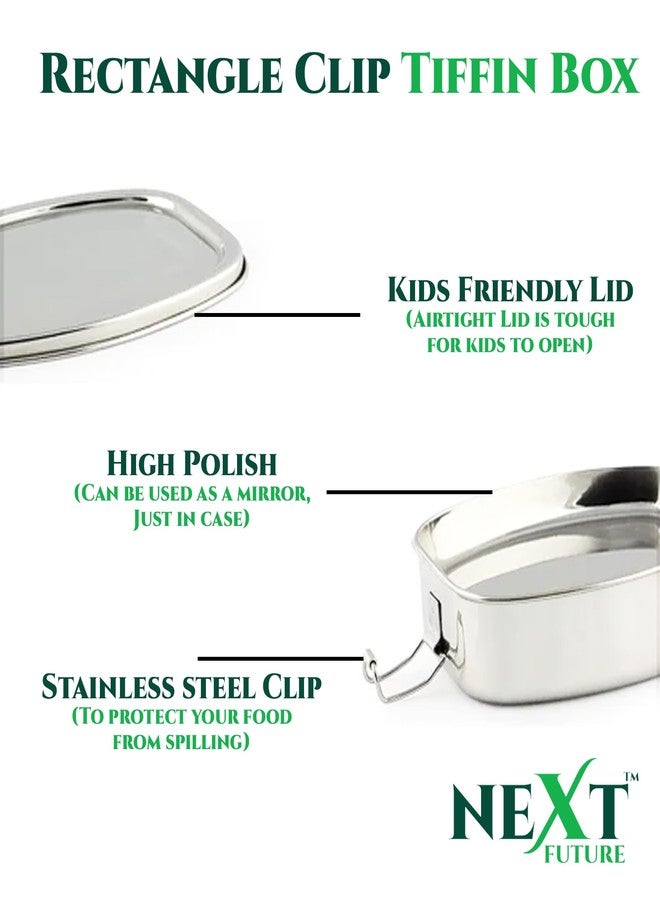 Next Future Stainless Steel Meal Pack Square Lunch Box/Tiffin with Steel Separator Plate and Locking Clip (Medium) (1- Tier, Rectangle, Medium) - Image 4