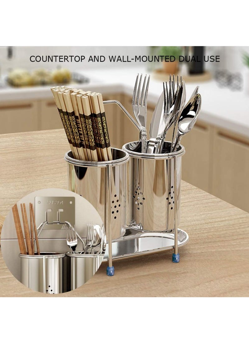 KASTWAVE - Kitchen Stainless Steel Utensil Holder, Wall Mounted Kitchen Utensil Rack with Drain Hole & Catch Basis for Kitchen Countertops, Stainless Steel Cooking Utensil Rack, Stylish Countertop Storage - Image 1