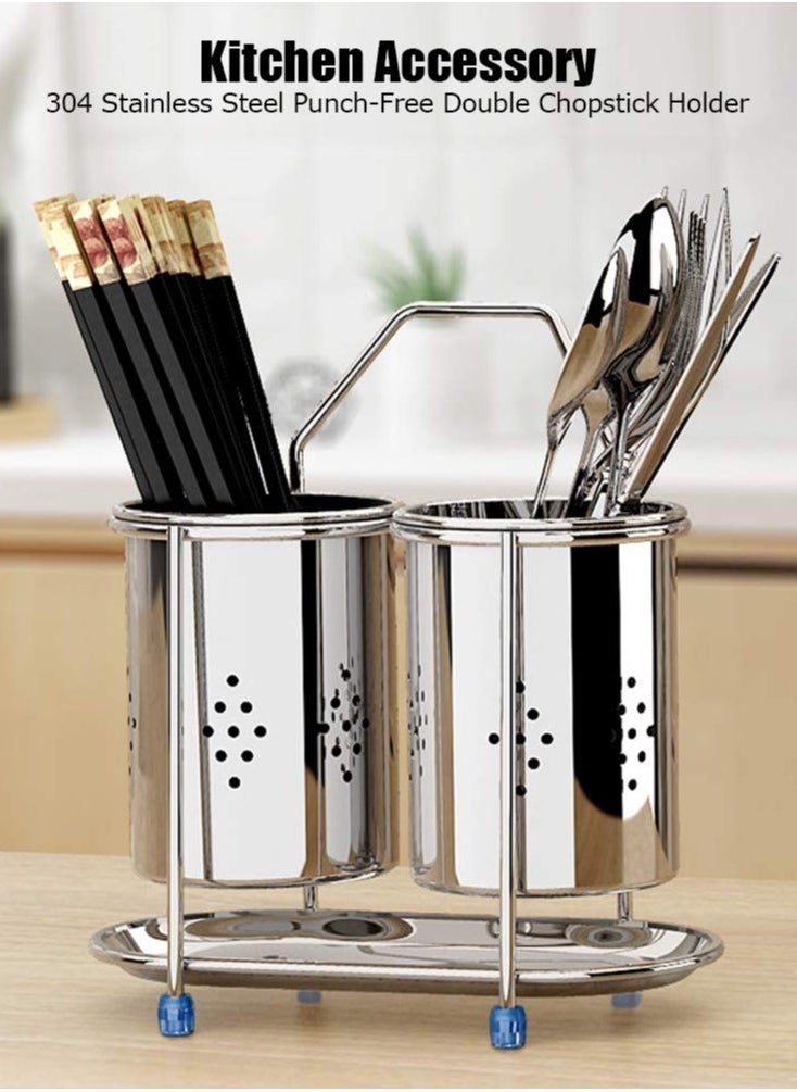 KASTWAVE - Kitchen Stainless Steel Utensil Holder, Wall Mounted Kitchen Utensil Rack with Drain Hole & Catch Basis for Kitchen Countertops, Stainless Steel Cooking Utensil Rack, Stylish Countertop Storage - Image 1