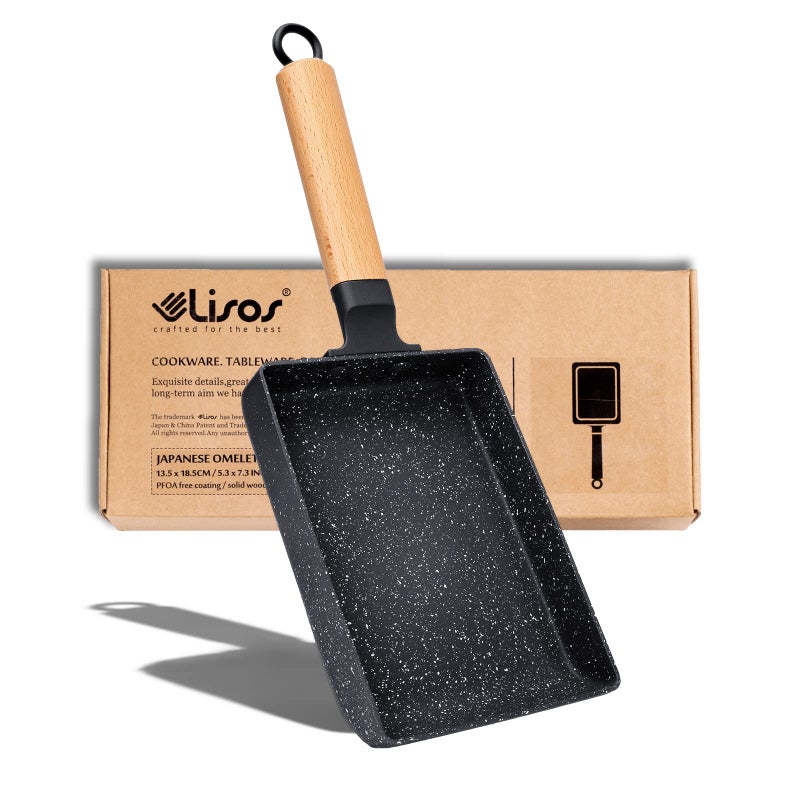 LISOS Japanese Tamagoyaki Omelette Small SkilletSquare Frying pan Nonstick Rectangle Egg Roll Pan with Wood HandleSilicone Brush  Solid Wood Spetula Black 5x7 inch