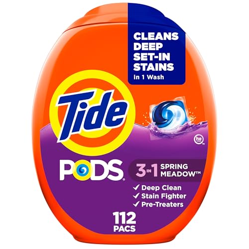 Tide PODS Laundry Detergent Pacs, 3-in-1 Stain Remover, Odor Fighter, Color Protector, 112 Count, HE compatible, Spring Meadow Scent - Image 1