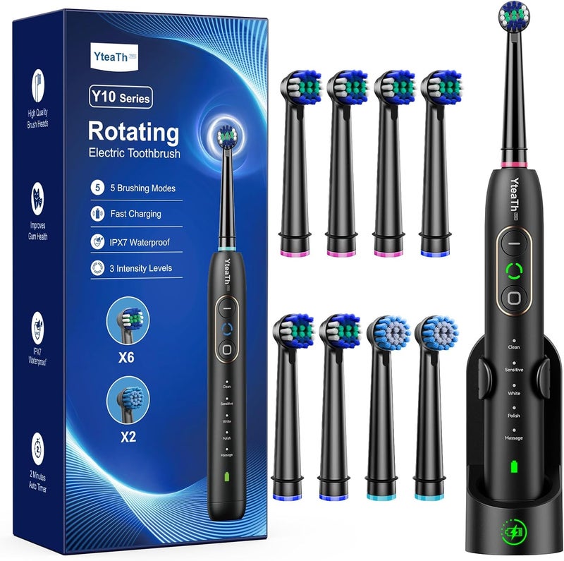 YTEATH PRO Rotating Electric Toothbrushes for Adults, with 8 Toothbrush Heads (2 Types), 3 Intensities, 5 Modes, Electric Toothbrush with Wall Mount Charging Station, 2 Minute Brushes, Timer - Image 1