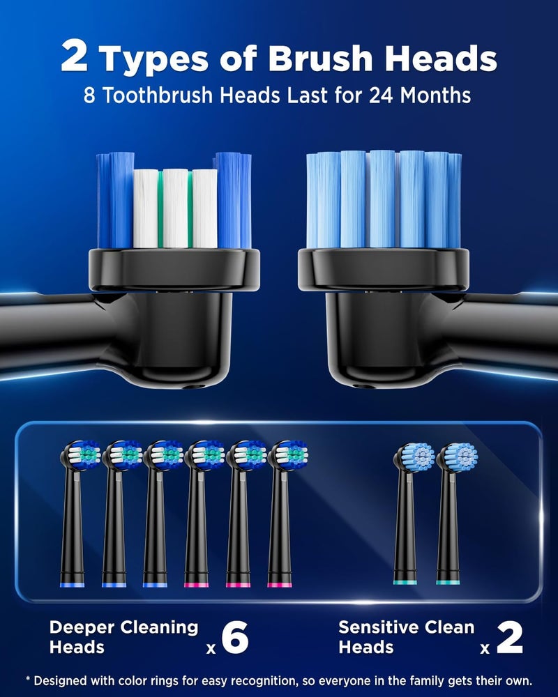 YTEATH PRO Rotating Electric Toothbrushes for Adults, with 8 Toothbrush Heads (2 Types), 3 Intensities, 5 Modes, Electric Toothbrush with Wall Mount Charging Station, 2 Minute Brushes, Timer - Image 3