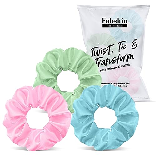 Fabskin Luxury Satin Scrunchies For Women and Girls | Stylish & Cute Hair Accessories Ties Scrunchies Ponytail Holders | Pack Of 3 (Light Pink, Blue & Green) - Image 1