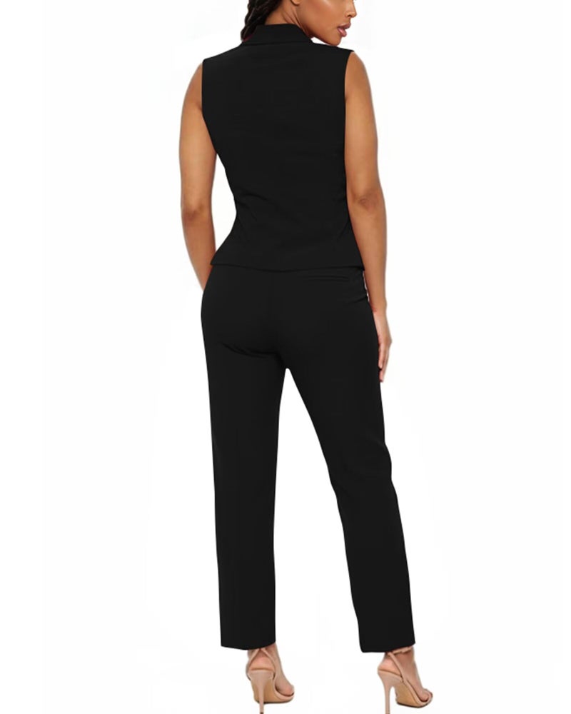 Kafiloe Pant Suits for Women Dressy 2 Piece Business Casual Outfits Sleeveless Blazer Vest Straight Pants Set Black M - Image 5