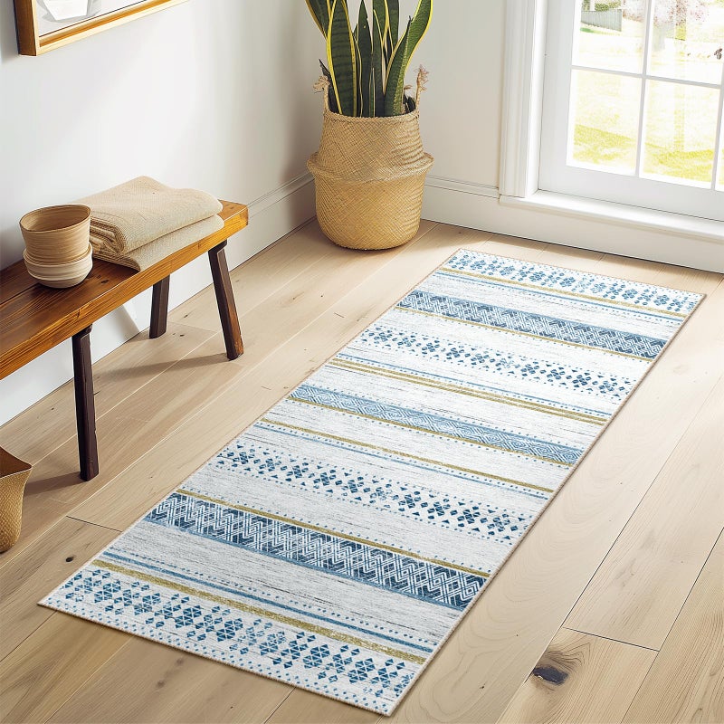 BESTSWEETIE 2x6 Area Rugs for Living Room Washable Moroccan Farmhouse Neutral Geometric Low Pile Non-Slip Soft Print Pattern Rug for Bedroom Kitchen Dining Room Entryway Blue/Brown - Image 1