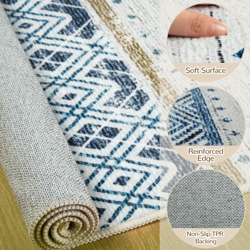 BESTSWEETIE 2x6 Area Rugs for Living Room Washable Moroccan Farmhouse Neutral Geometric Low Pile Non-Slip Soft Print Pattern Rug for Bedroom Kitchen Dining Room Entryway Blue/Brown - Image 2